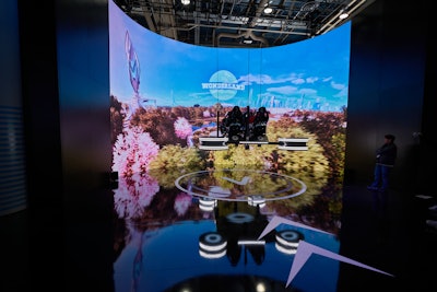 Highlights included a magic carpet ride (pictured) in a flying vehicle embedded with an AI processor to help it navigate dense, urban areas. An AI fortuneteller was powered by next-generation memory technologies that are designed to help computers analyze and learn from massive amounts of data to predict the future, and a rainbow-hued tube showed how waste like plastics is being turned into fuel.