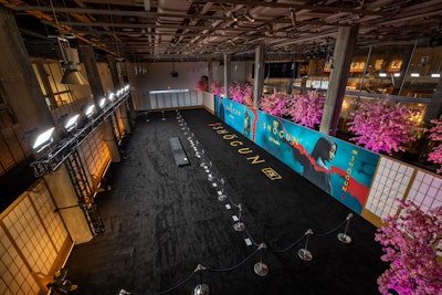 From there, the team took over the museum's entire lobby area for the red carpet, which included 1,000 linear feet of bamboo shoji screens.